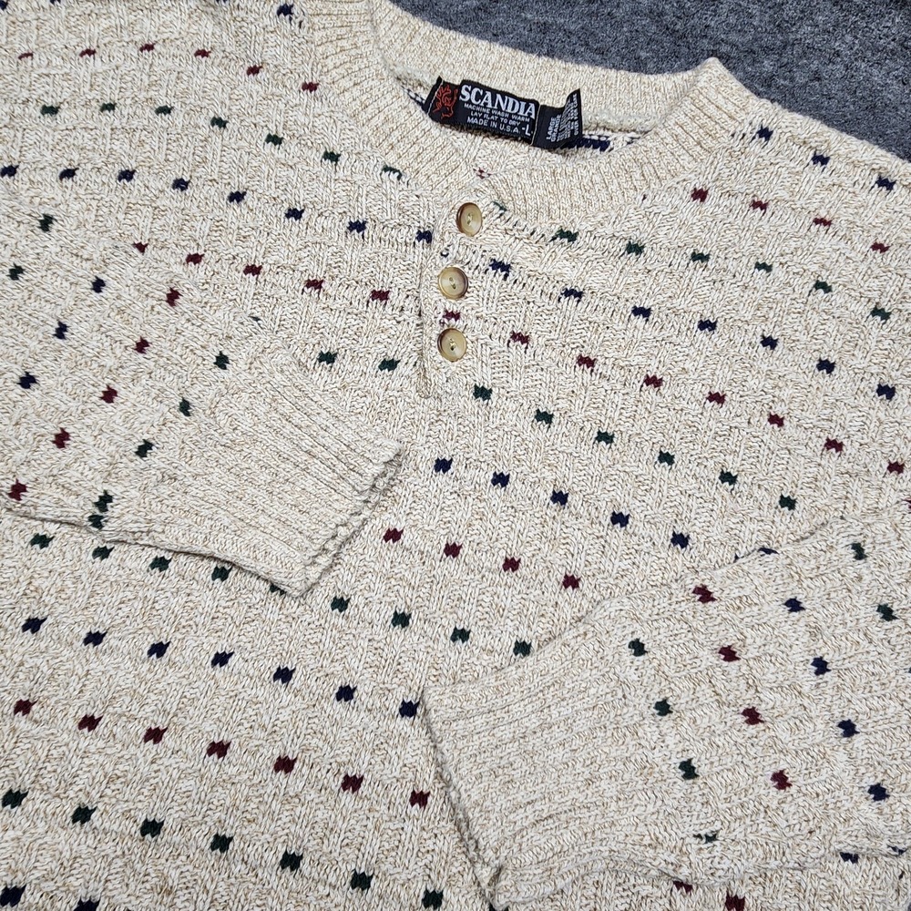 Scandia Mens Vintage Henley Crewneck Sweater Knitted Grandpa USA Large Geometric